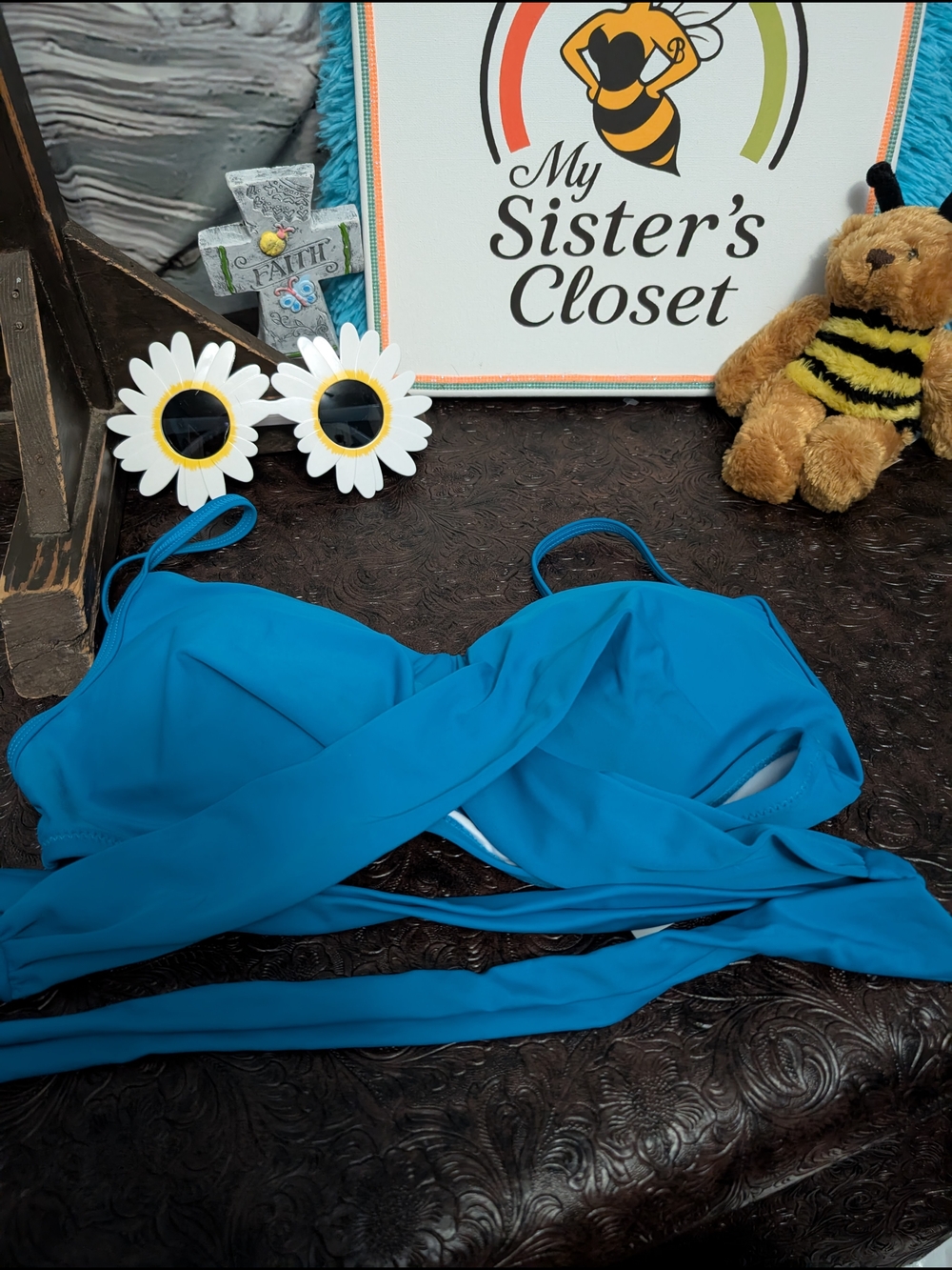 Blue Wrap-Front Bralette Swim Top